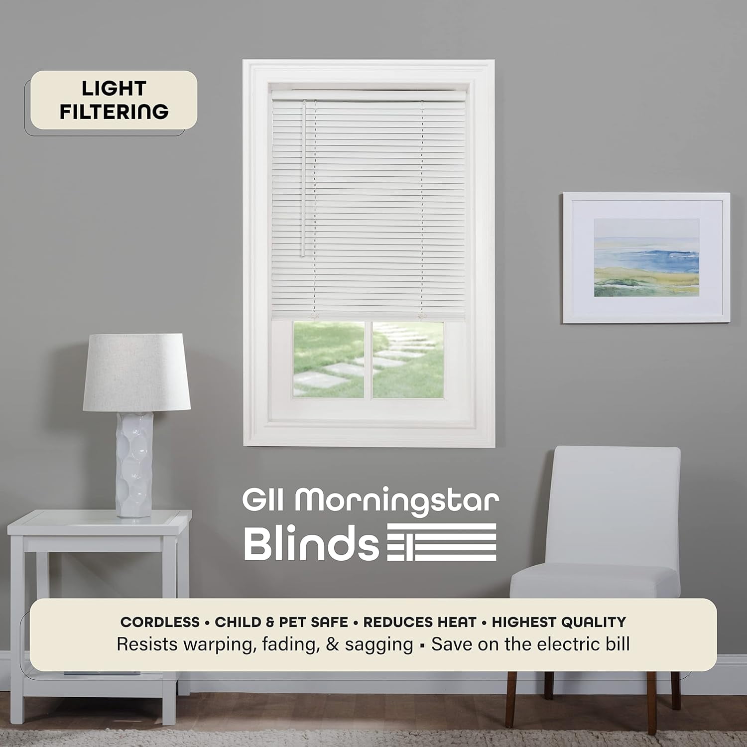 LOTUS & WINDOWARE Cordless Mini Blind, 1" Vinyl Slats, 35" Wide x 64" Long - White, Window Blinds for Home and Office, Interior Door Blinds - Light Filtering
