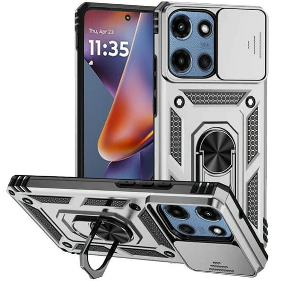 For Motorola Moto G 5G 2025 XT2513V Camera Push Magnetic Ring Hybrid Kickstand Cover Cell Phone Case - Silver