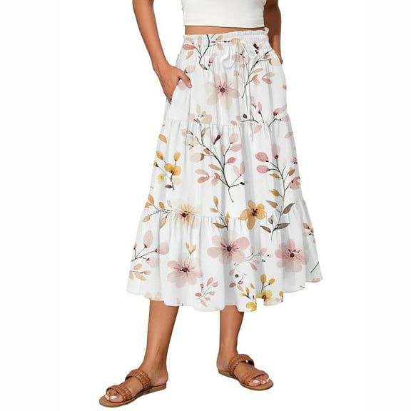 WTOBBY Women's Floral Print Flowy Flared Maxi Skirt with Ruffle Hem, A-Line Elastic Waist Elegant Tiered Layered Bohemian Long Skirt for Casual Summer and Beach Events,Beige L