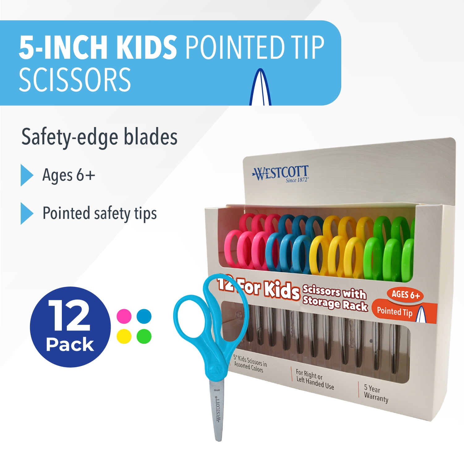 Westcott 5-Inch Assorted Pointed Kids Scissors, 12-Pack, Preschool Educational Level