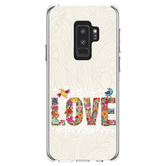 DistinctInk Clear Shockproof Hybrid Case for Samsung Galaxy S9  PLUS (6.2" Screen) - TPU Bumper, Acrylic Back, Tempered Glass Screen Protector - Spring Collection - Floral LOVE Birds