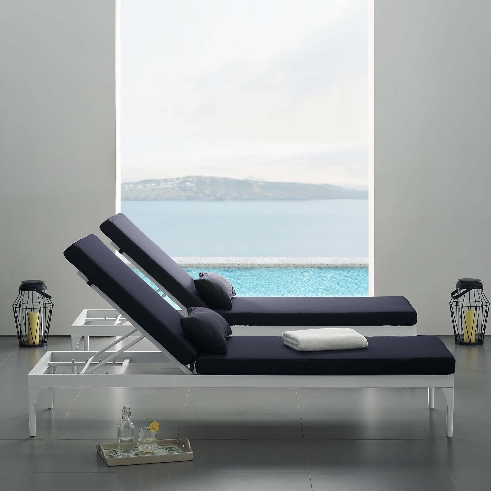 Modern Contemporary Urban Design Outdoor Patio Balcony Garden Furniture Lounge Chair Chaise, Fabric Aluminium, White Navy - image 5 of 7