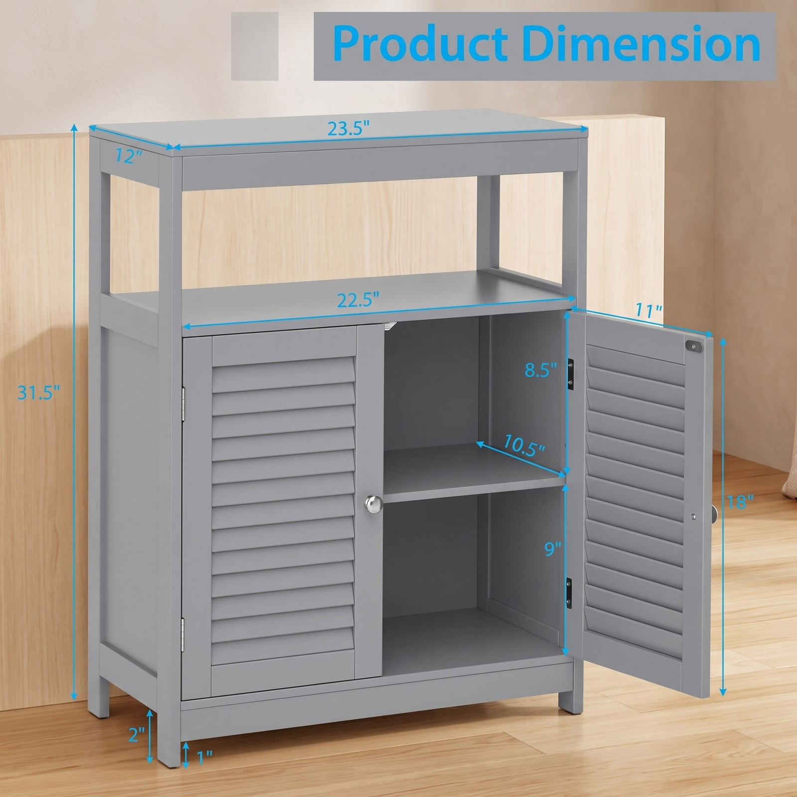 Fenbeli Freestanding Bathroom Floor Cabinet with Double Shutter Doors, MDF Storage Cabinet with Adjustable Shelf and Open Compartment, Side Console Shoe, Gray