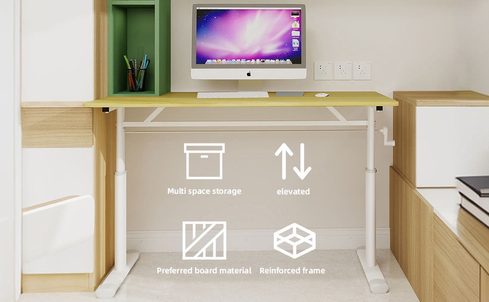 Lisonu Manual Height Adjustable Standing Desk, 47" Hand Crank Sit Stand Workstation, Ergonomic Home Office Computer Desk, Stable Iron & Wood Frame, White