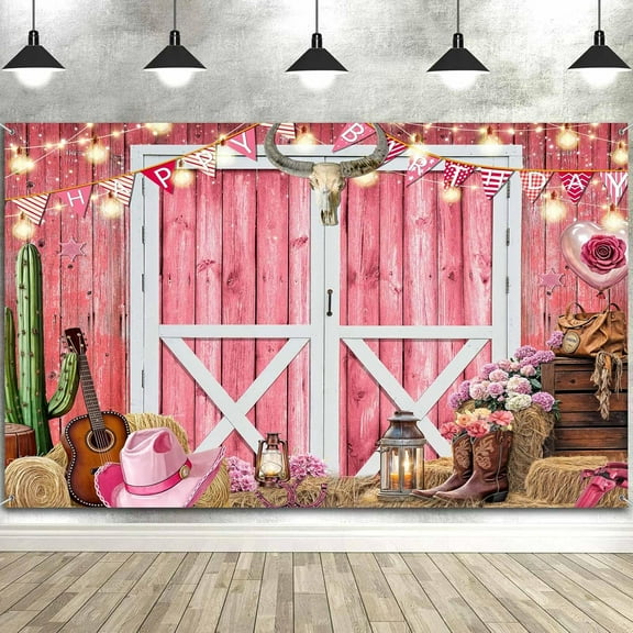 10 x 8 ft Western Cowgirl Backdrop Pink Western Cowboy Photography Backdrop, Rustic Wooden House Barn Background Wild West Barn Door Background Birthday Party Banner for Kids Adult
