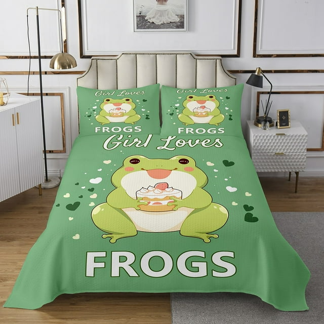 Erosebridal Child Frog Coverlet Set Queen, Cake Dessert Bedding Set, Kawaii Cartoon Decor 3pcs