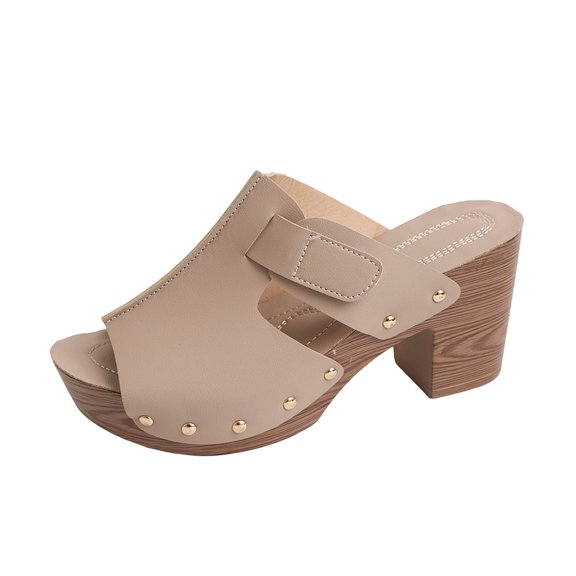 Gpaecead Women Chunky High Heel Slippers Open Toe Adjustable Faux Leather Casual Platform Shoes, Beige