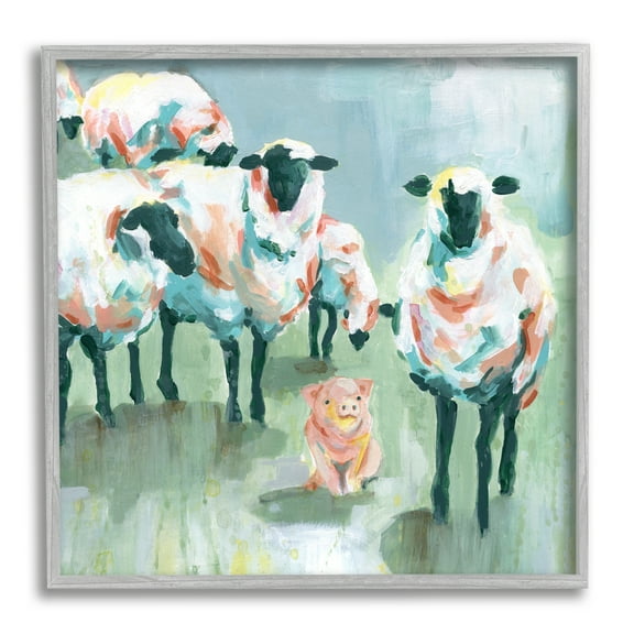 Piglet in Flock of Sheep Adorable Farm Animal Animals & Insects Framed Art Print Wall Art, 17x17