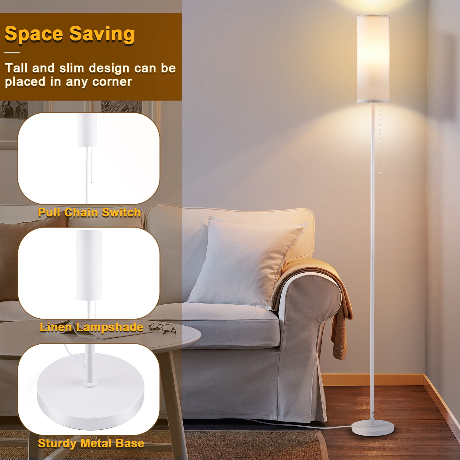 Vesteel Floor Lamp for Living Room, Modern Standing Lamp with 3 Color Temperatures & Lampshade, Pole Lamp for Bedroom Living Room Office, White