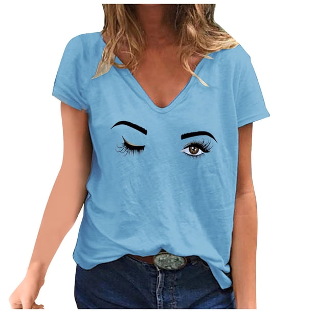Gibobby Playeras Deportivas Camiseta casual Tops Moda de manga corta Impreso Verano Cuello en V Blusa de mujer(Azul, S)