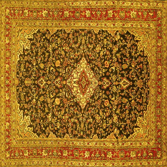 Ahgly Company Machine Washable Indoor Square Medallion Yellow Traditional Area Rugs, 5' Square