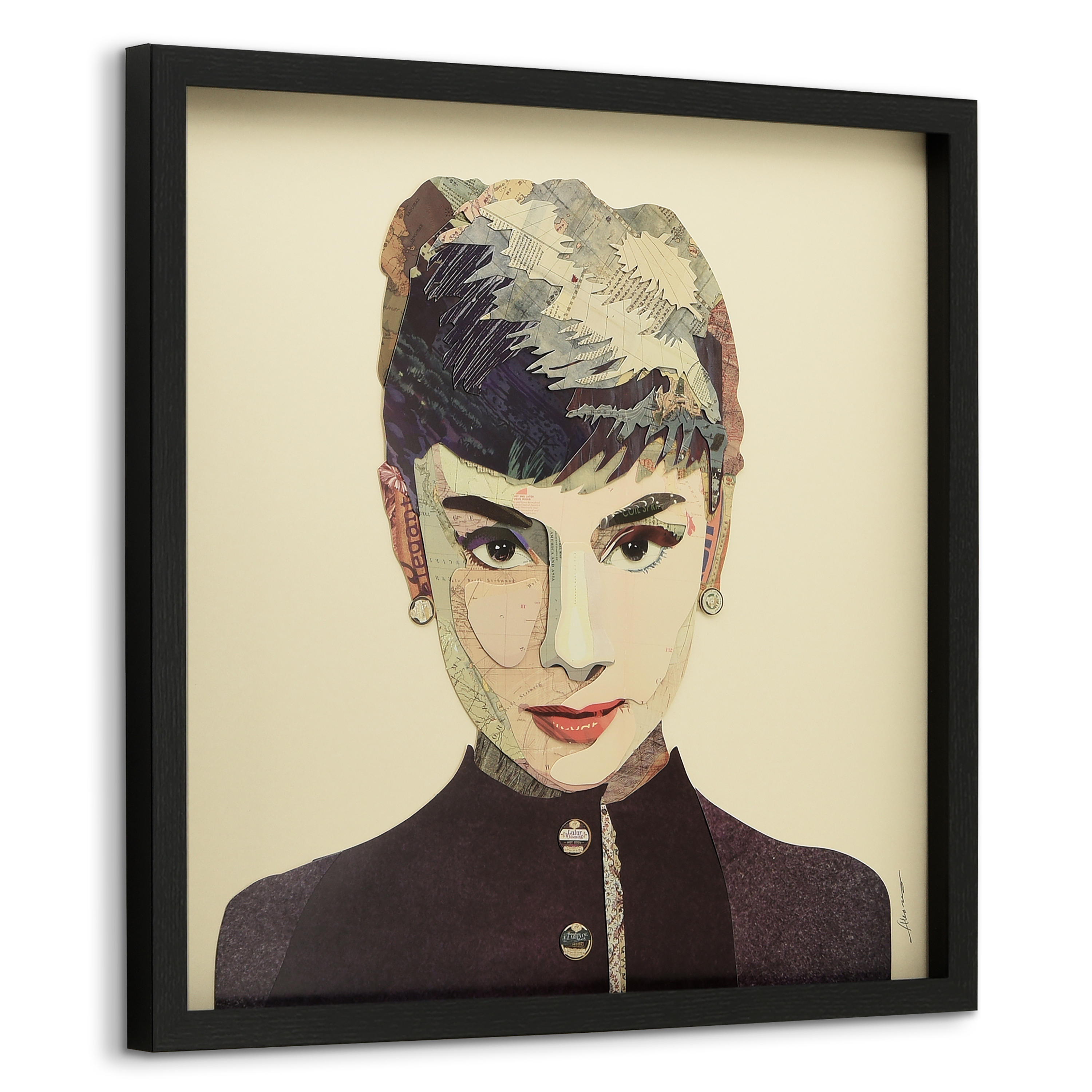 "Audrey" Dimensional Collage Framed Graphic Art Under Glass Wall Art