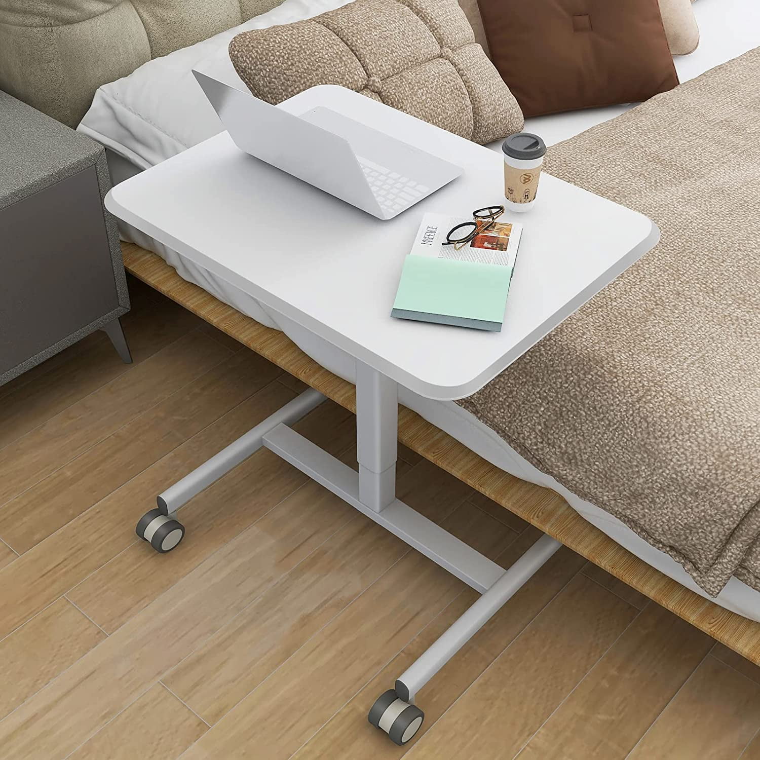 Small Standing Desk, Mobile Stand up Desks with Lockable Wheels, Adjustable Height, 26 Inch Portable Rolling Laptop Computer Desks for Home, White