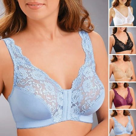 

harmtty 1/4 Cup Wire Free Front Closure Women Bra Lace Stitching Push Up Sport Brassiere Blue L