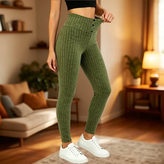 Usloyux Women High Waisted Slim Fit Ribbed Leggings with Tummy Control Yoga Workout Streetwear Activewear Long Pants for Casual Daily Gym, Army Green L