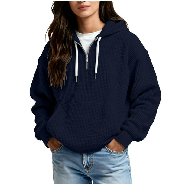 Ounisa Womens Hoodies Casual Long Sleeve Drawstring Waffle Pullover Tops Loose Hooded Sweatshirt with Pocket