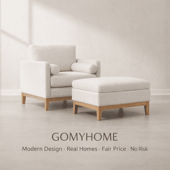 GOMYHOME Boucle Accent Chair with Ottoman, Wood Frame Lounge Chair Set, Cream