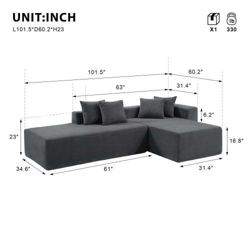 Howcool 101-inch L-shaped modular sofa with deep seat design, no assembly required, high-density foam filling with high-carbon steel wrapped springs,-loung bed, ,Dark gray