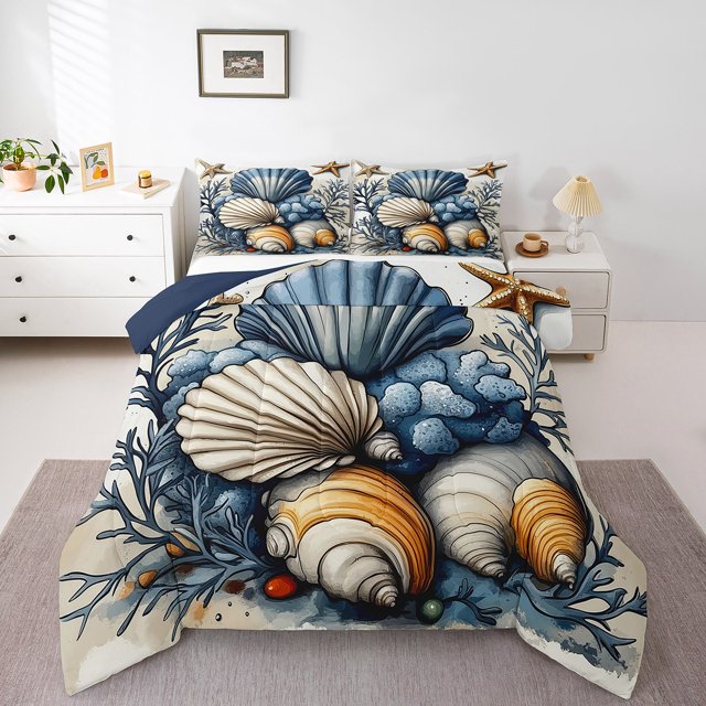 Erosebridal Seashell Conch Comforter Sets Twin Size, Beach Ocean Theme Down Comforter, Reversible 2-Piece
