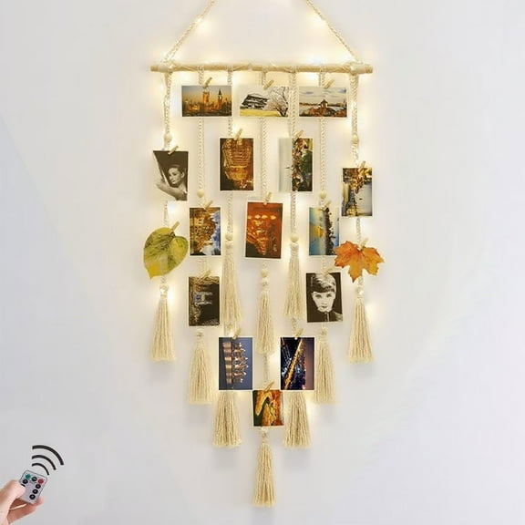 WLGJL Hanging Photo Display Wall Decor, Macrame Wall Hanging Boho Room Bedroom Decor, Picture Frame Collage Board with Light 30 Clip, Christmas Teenage Teen Girl Gifts