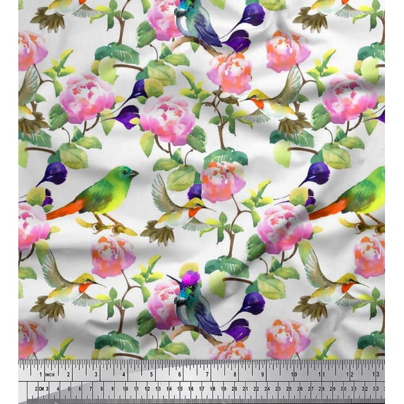Soimoi Cotton Cambric Fabric Leaves,Floral & Hummingbird Bird Printed Craft Fabric by the Yard 42 Inch Wide