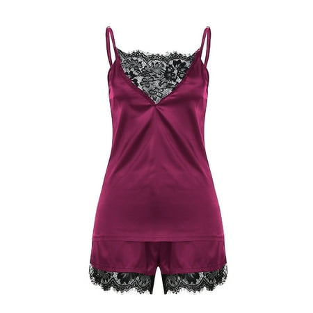 

Women Silk Pajama Set Spaghetti Strap V Neck Cami and Shorts Set