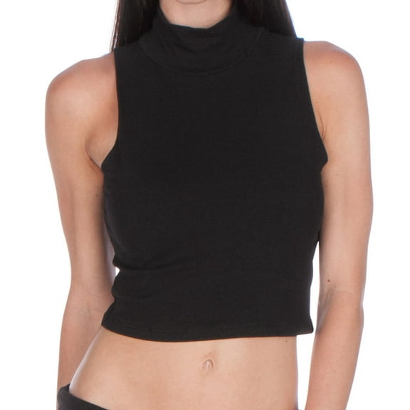 Sakkas Mock Neck Turtleneck Sleeveless Scuba Crop Top - Made in USA - Black - Medium