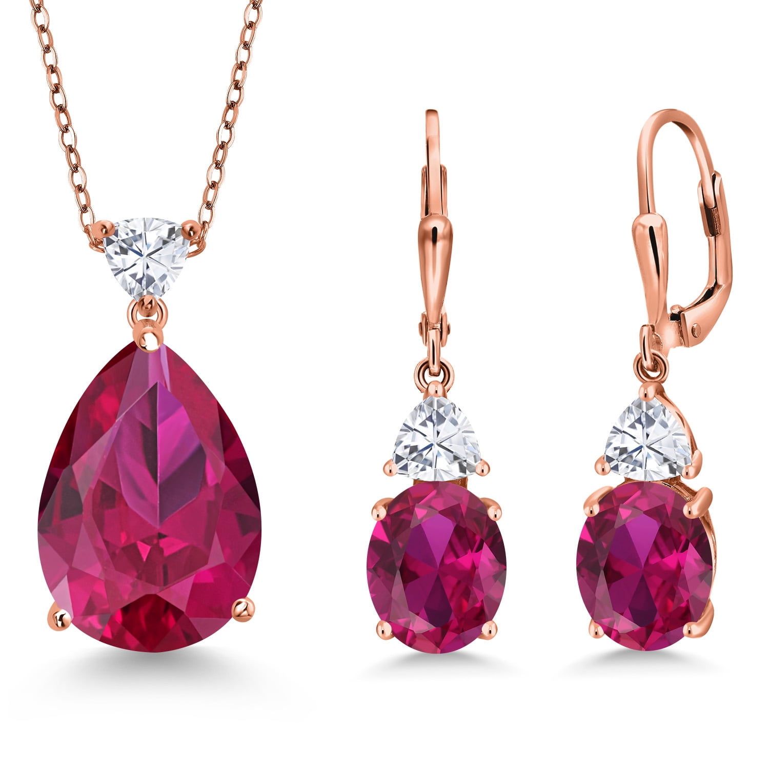 Gem Stone King 18K Rose Gold Plated Silver Red Created Ruby and White Moissanite Pendant Earrings Jewelry Set for Women (20.41 Cttw, Pear Shape 18X13MM, with 18 inch Chain)