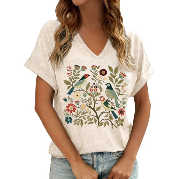 Women'S Tops, Tees & Blouses Floral Print Short Sleeve V Neck Crop Tops for Women,Beige,L