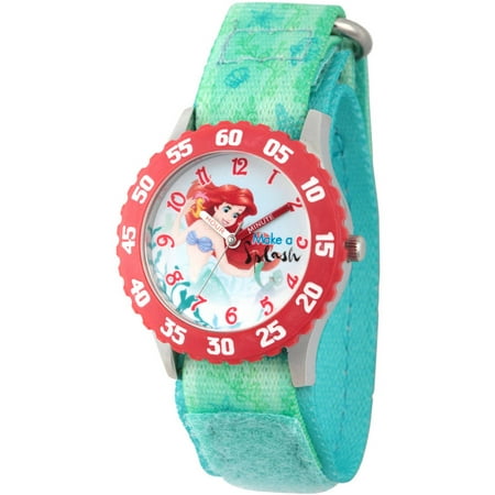 Disney Princess Ariel Girls' Stainless Steel Time Teacher Watch, Red Bezel, Green Hook-and-Loop Stretch Nylon Strap with Printed Ariel