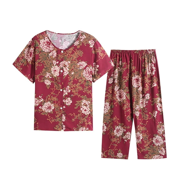 Tbopshirt Pajamas for Women,Women's Summer Two Piece Set Short Sleeve Round Neck Pajama Set Printed Tops Pants Set,Womens Pajama Sets