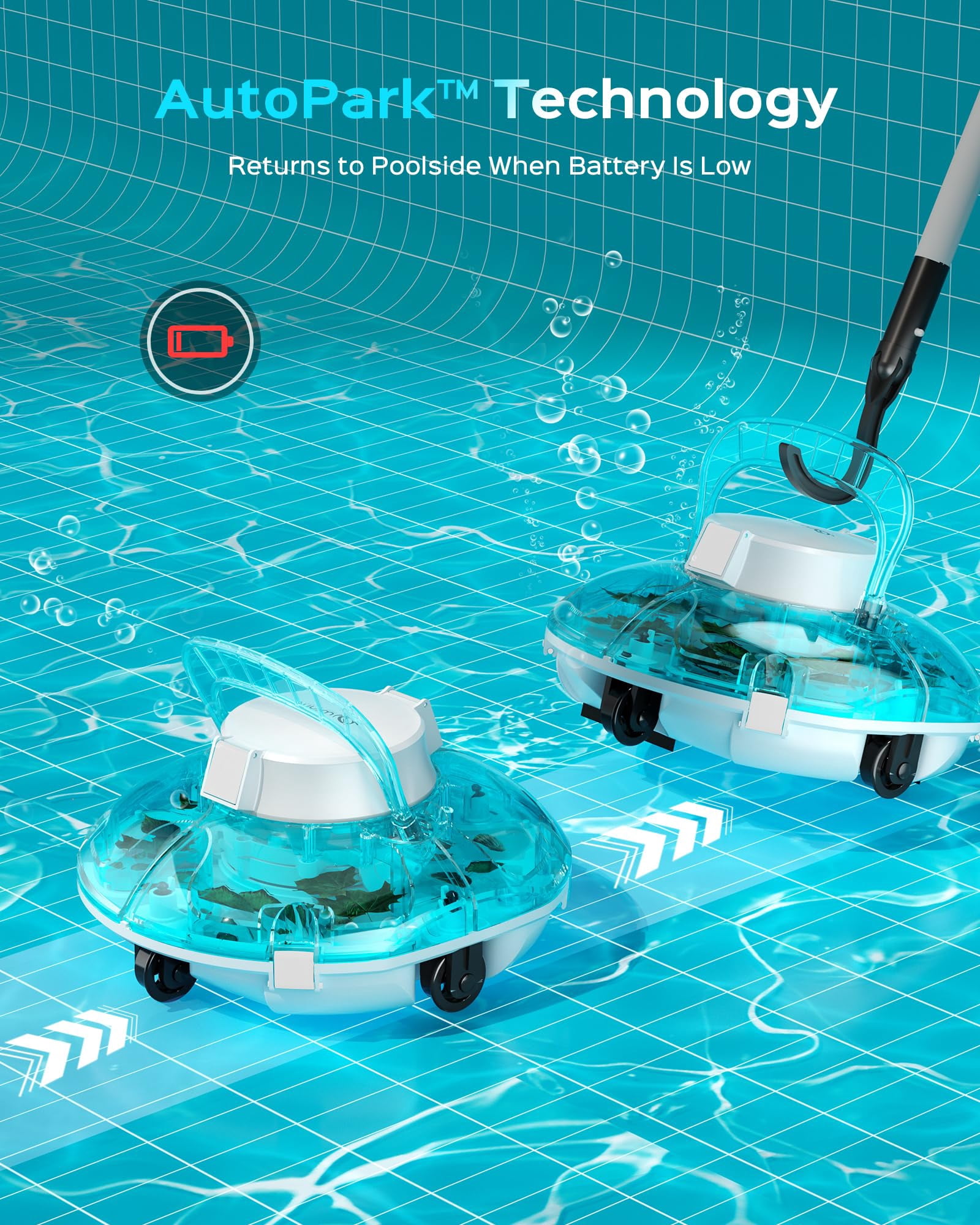WYBOT Cordless Robotic Pool Cleaner, Lasts 80 Min, Automatic Vacuum for Above-Ground Pools up to 645 Sq.ft,Portable, Self-Parking, Transparent Blue