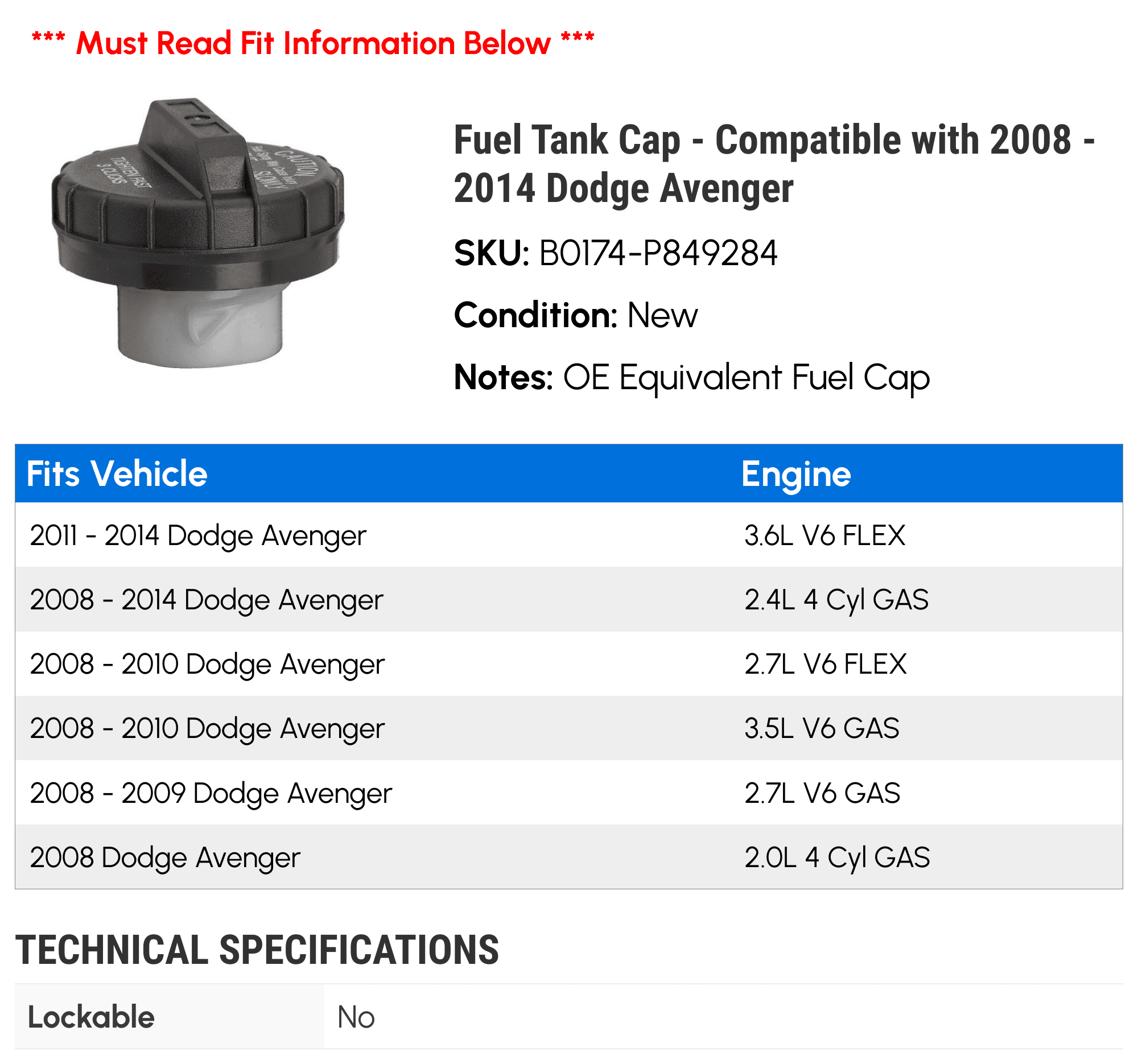 Fuel Tank Gas Cap For Chrysler 200, Sebring & Dodge Avenger – Replace 4766579AB / 4766579AA