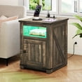 thumbnail image 6 of ZHOUB Wooden Nightstand with LED Strip Lights and Charging Station, Farmhouse Style End Table with Barn Door and Shelf, Bedside Table for Bedroom, Living Room, Greige-Dark Rustic Oak, 6 of 8