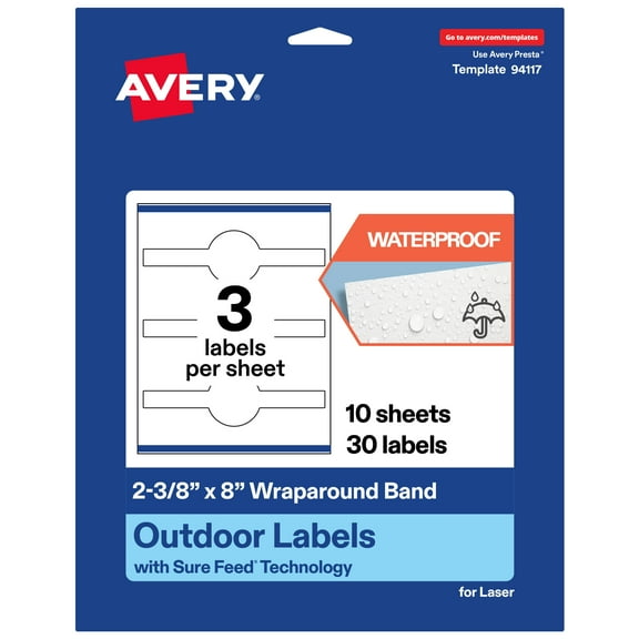 Avery Waterproof Wraparound Band Labels, 2-3/8" x 8", 30 Total
