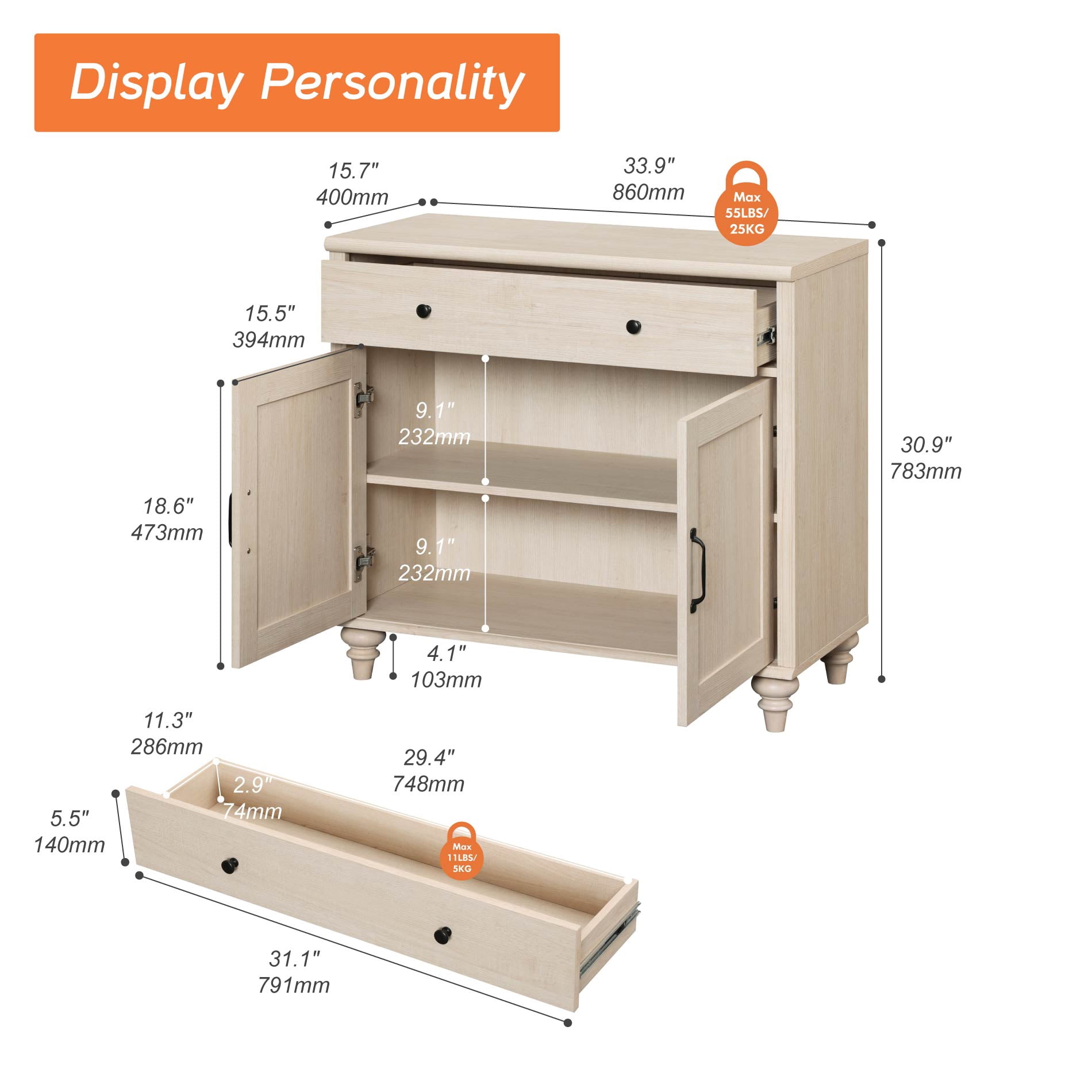 Beige Farmhouse TV Stand for 43 inch TV with Drawer & Doors