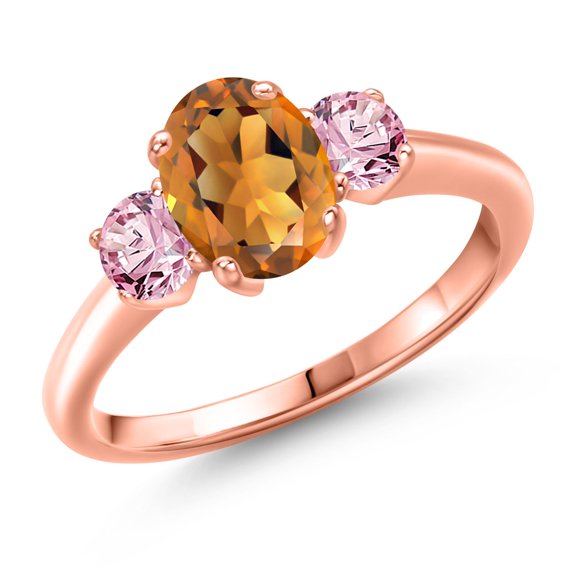 Gem Stone King 1.60 Ct Orange Red Madeira Citrine Pink Lab Grown Diamond 18K Rose Gold Plated Silver Ring
