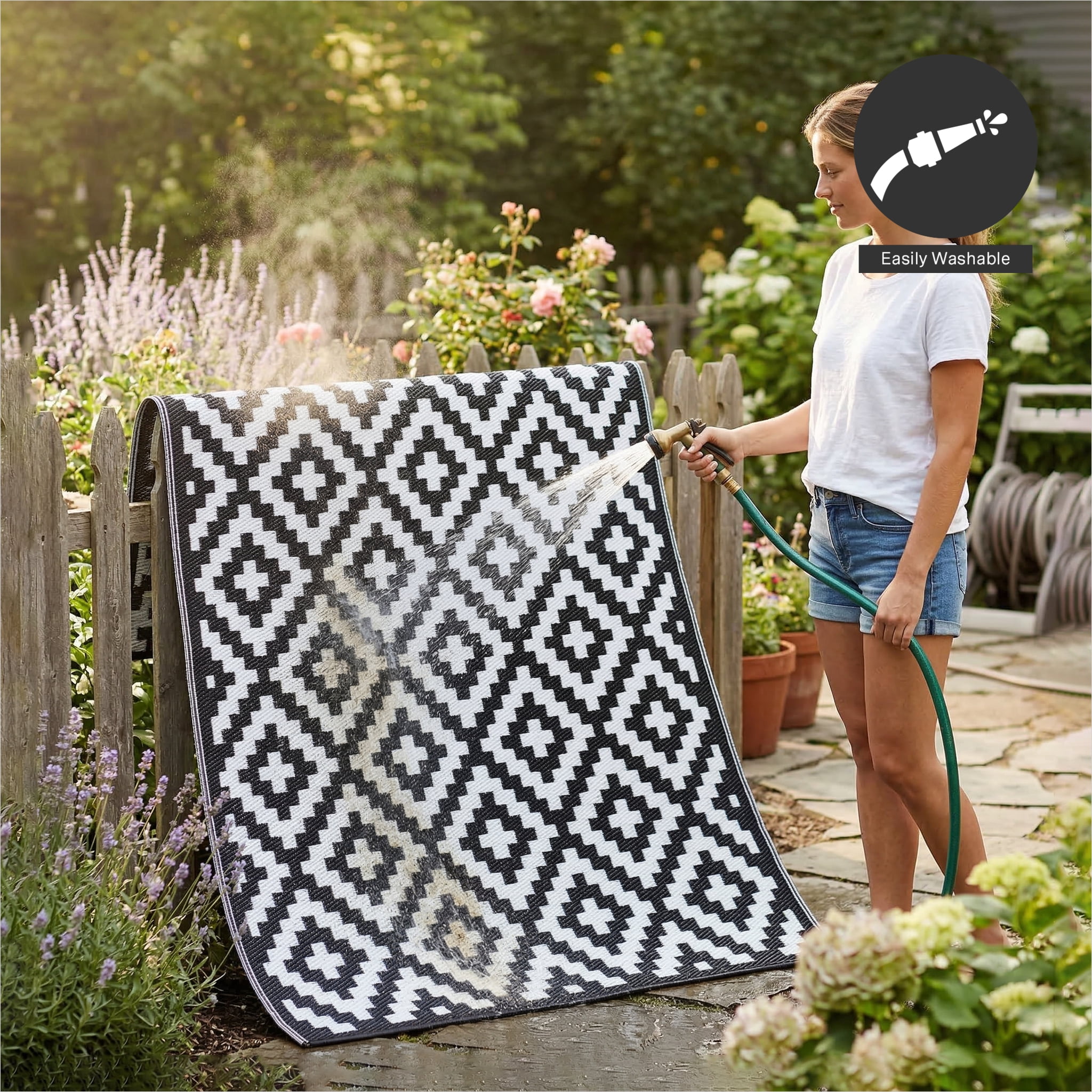 FH Home Outdoor Rug - Reversible - Indoor Use, Kids Room, Mudroom - Stain Resistant, Easy to Clean Weather Resistant Floor Mats - Aztec - Black/White (3 ft x 5 ft)