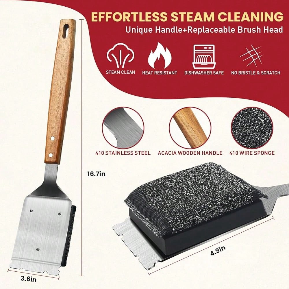 Grill Cleaning Brush with 1 Replacement Head, Heavy-Duty Brass Bristle BBQ Cleaner, Bristle-Free Safe Design, Stainless Steel Scraper & Wooden Handle, Dual-Use for Handheld or Handle Cleaning, Safe f