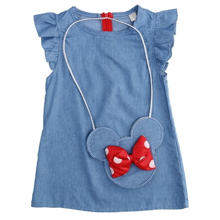 Stylesilove Baby Girl Ruffle Sleeve Shabby Denim Dress and Cross Body Mini Coin Bag 2 pcs Outfit (100/4T)