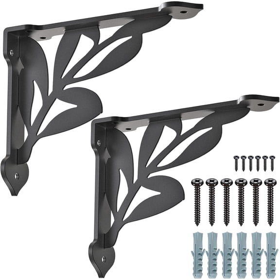 Runstore Metal Shelf Bracket, 8 inch Wall Mount L Bracket with Screws, 300lb Capacity, Black Rustic, 2 Pack with Screws