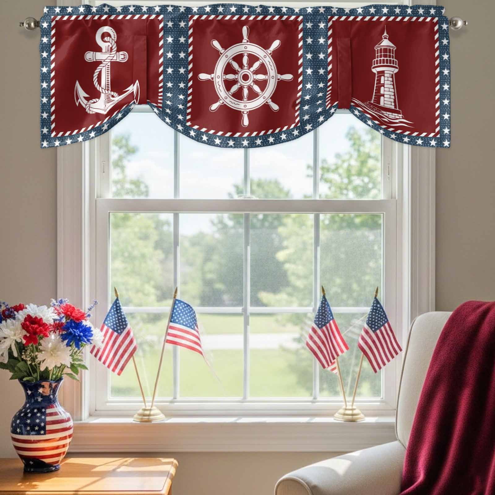 Independence Day Tie Up Valances Curtain, Adjustable Kitchen America Flag Star Ocean Lighthouse Anchor Rudder Valances for Windows Decor, Rod Pocket Short Curtains Set for Bedroom/Bathroom, 54"x18"