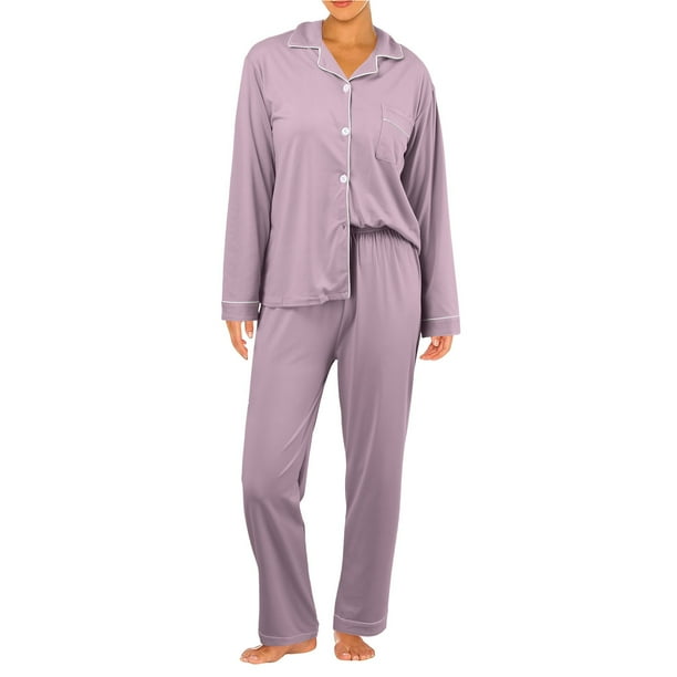 Conjunto de pijama de manga larga de 2 piezas para mujer - Pijama informal y cómodo con pantalones de cintura elástica - Tejido de poliéster suave - Tallas M-XXL