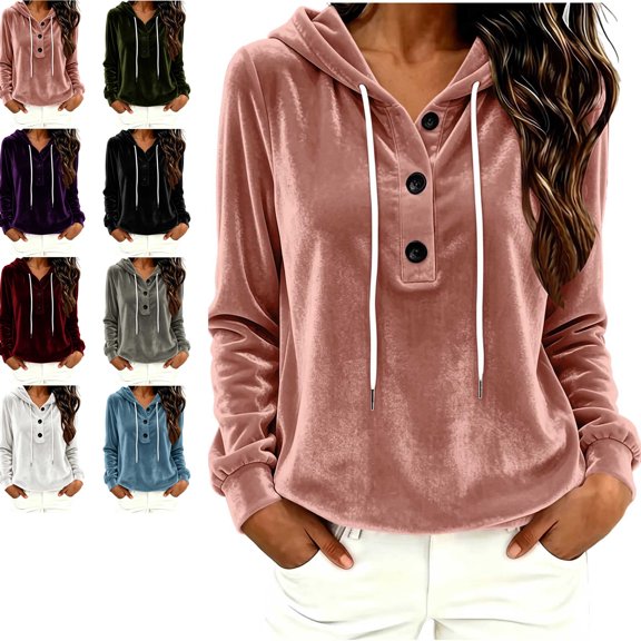 MLCDZ Womens Velour Hoodies Casual Loose Fit Button Hooded Long Sleeves Drawstring Sweatshirt Lightweight Breathable Golf Camping Pullovers