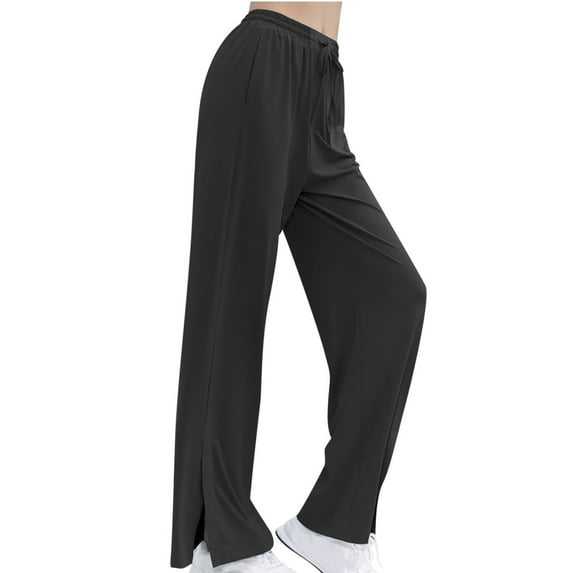XFLWAM Women's Casual Straight Wide Leg Pants Elastic High Waist Drawstring Comfy Trousers Quick Drying Sports Lounge Sweatpants Black XL
