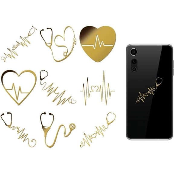 9pcs 1.6x1.6 Inch Heart Pattern Metal Stickers Heartbeat Self Adhesive Gold Stickers Nurse Theme Metal Gold Stickers for Scrapbooks DIY Resin Crafts Phone Decor