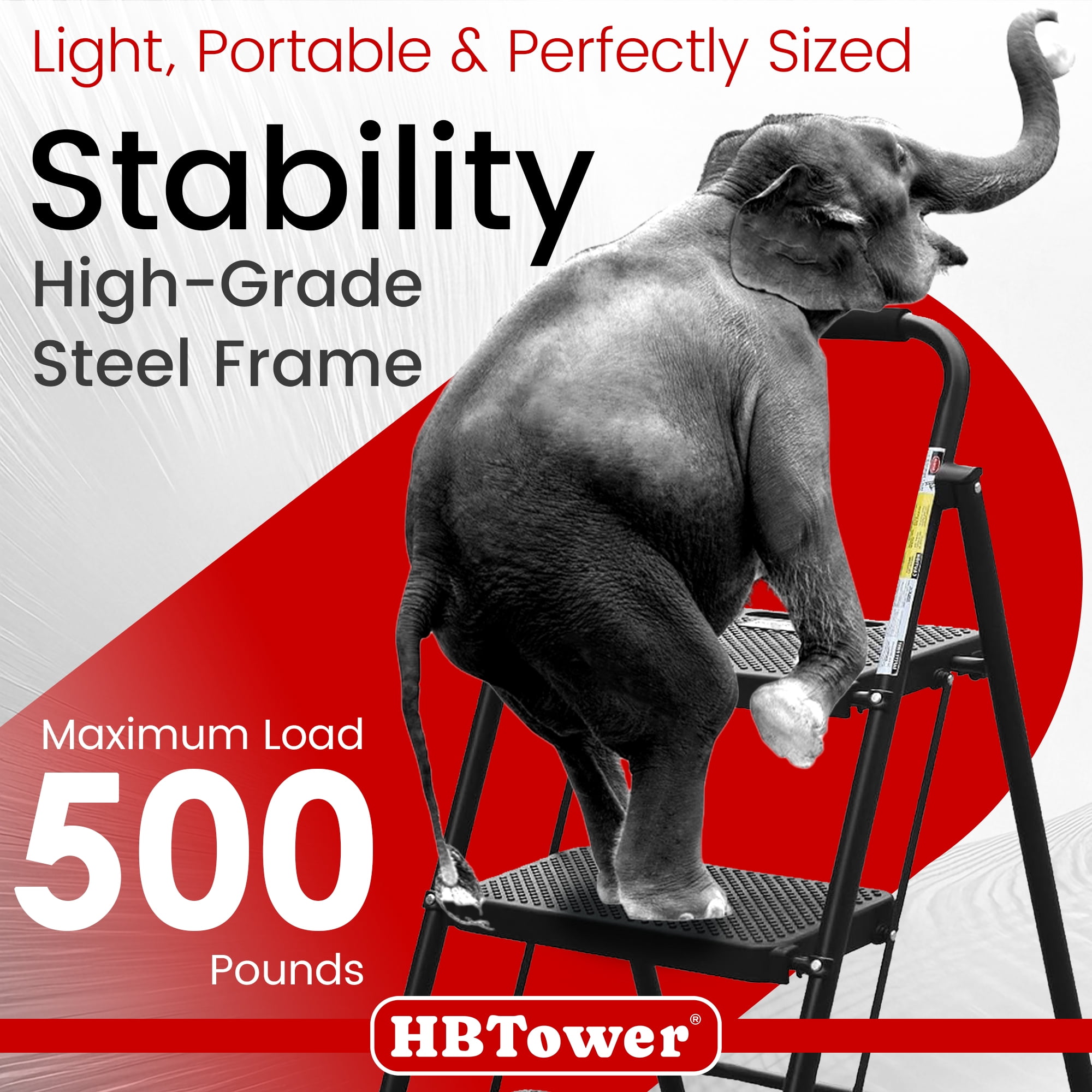 HBTower 3 Step Ladder, Folding Step Stool with Wide Anti-Slip Pedal, Convenient Handgrip, Lightweight 500lbs, Portable Steel Step Stool, Black
