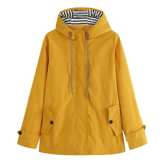 DondPO Women's Rain Jacket Women Solid Hooded Raincoat Striped Rain Suit Outdoor Plus Size Coat Windproof Jacket Womens Fall Jacket Women's Active Wind & Rain Outerwear Yellow M Clearance!