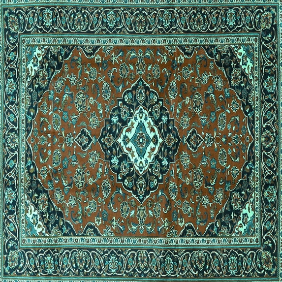 Ahgly Company Machine Washable Indoor Square Medallion Turquoise Blue Traditional Area Rugs, 8' Square