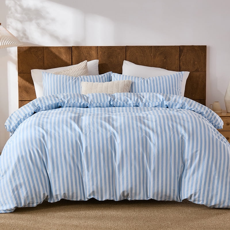 Blue and White Striped Duvet Cover Set Queen Size, 100% Cotton Duvet Cover Set with 2 Pillowcases, Soft and Breathable natural cotton bedding Set for All Seasons